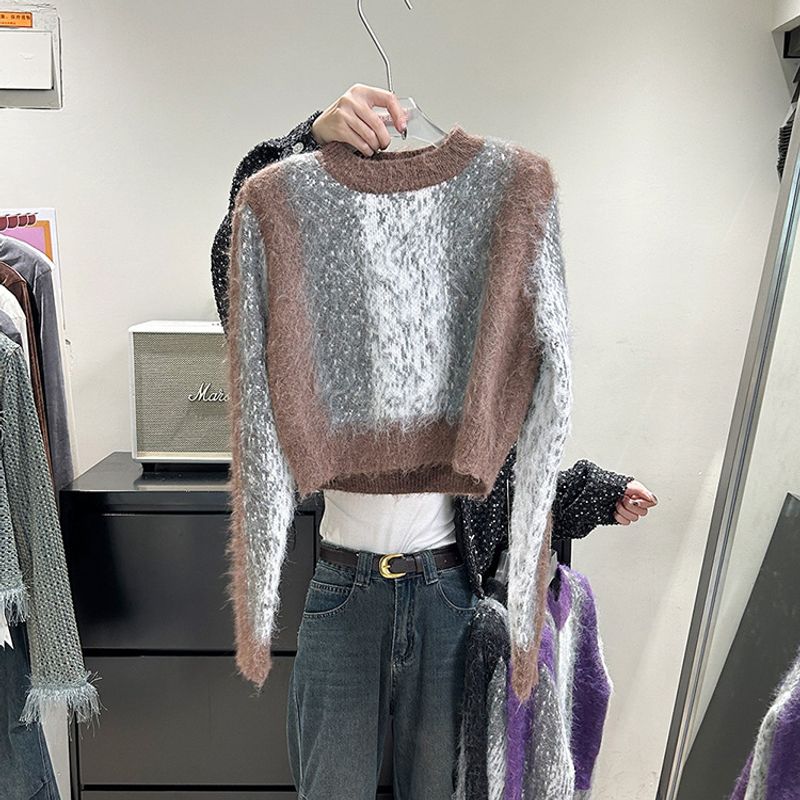 Damenbekleidung neuer lockerer Rundhals-Strickpullover im Lazy-Stil, langärmeliges, farblich passendes Oberteil_voghion.com