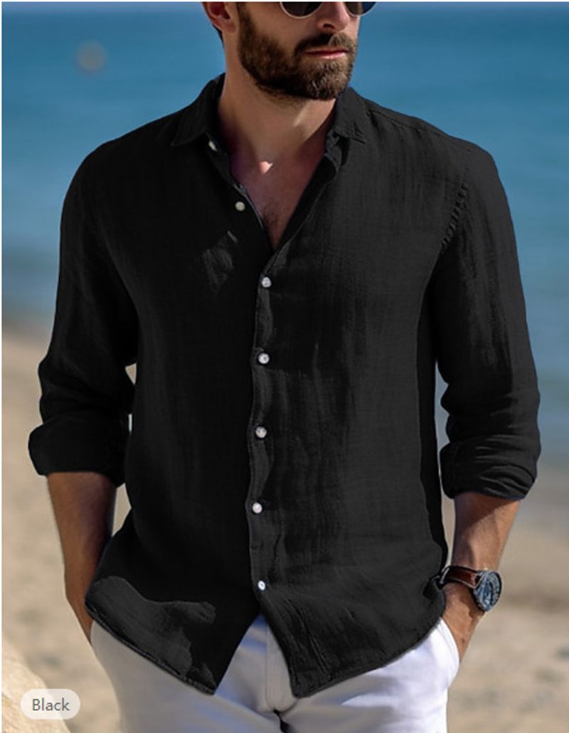 Vêtements pour hommes hommes coton lin couleur unie à manches longues revers chemise décontractée plage à manches longues chemise pour hommes_voghion.com