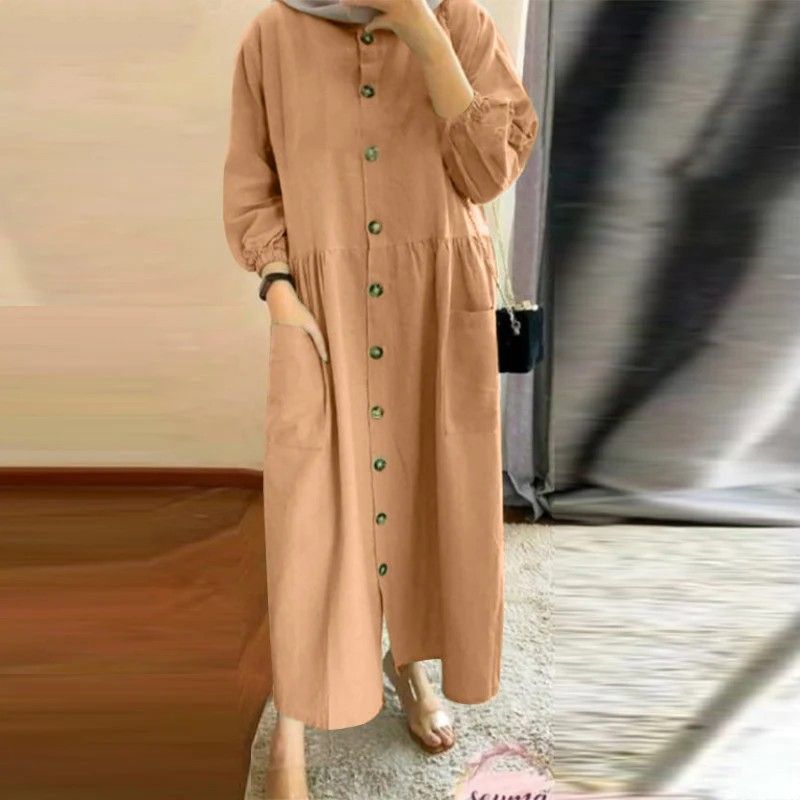Robe mi-mollet d'automne pour femme, vintage, col rond, manches longues, couleur unie, ample, musulmane, robe d'été marocaine_voghion.com