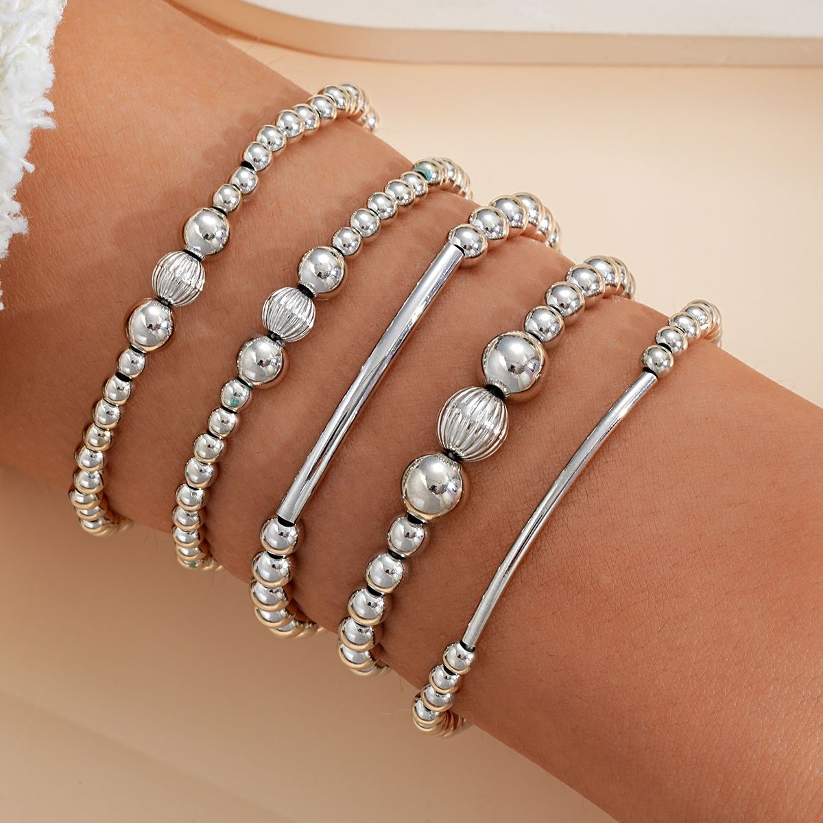 Bracelets Elastic Alloy CCB Round Bead Bracelet 4 Piece Set, Silver Fashion Multi Layer Stackable Jewelry Set_voghion.com