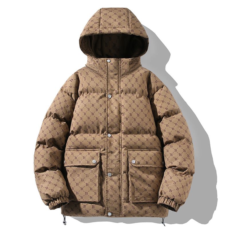 Men's Oversized Hooded Puffer Jacket With Print Design, Thickened Winter Coat For Casual Wear (Black, Printed Black, Brown, Blue)_voghion.com