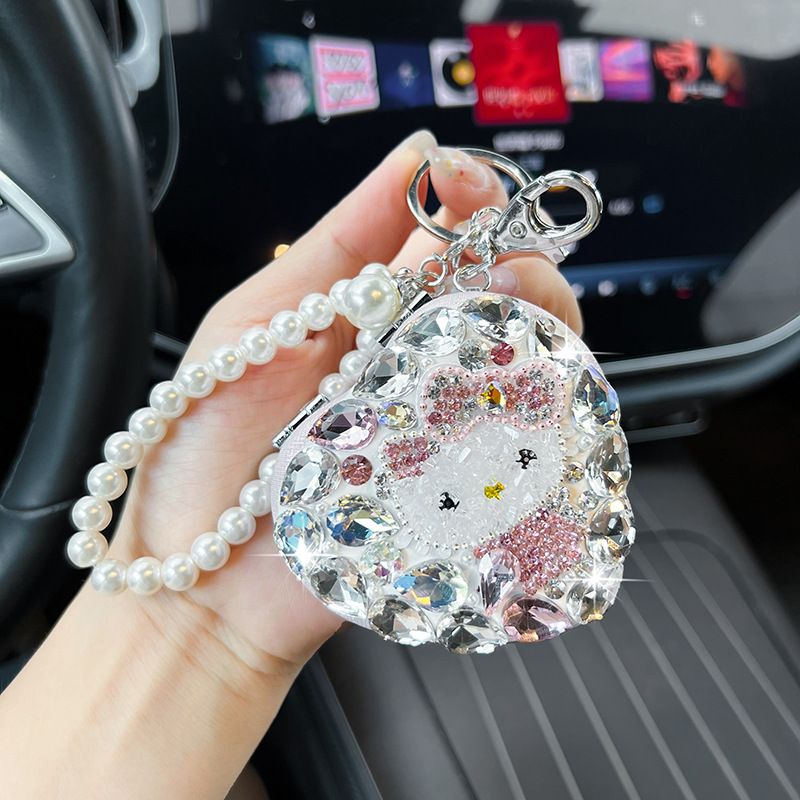 Llavero de cristal con forma de corazón y espejo plegable para maquillaje, con diseño de gato pequeño y diamante, ideal para bolso._voghion.com