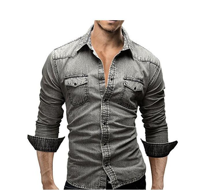 Nuova camicia da uomo in denim patchwork tinta unita casual giovanile a maniche lunghe_voghion.com