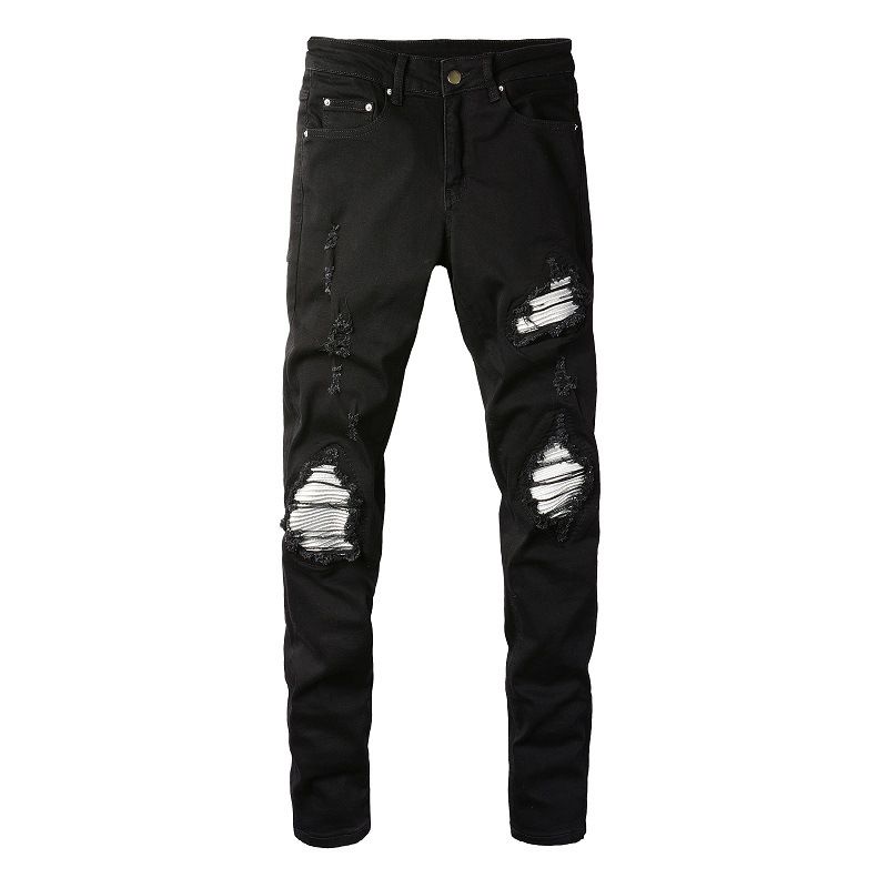 Men's Slim Fit Distressed Jeans - Black Stretch Denim Pants With Patchwork & Embroidery Details, Comfortable Cotton Fabric For Casual Wear_voghion.com