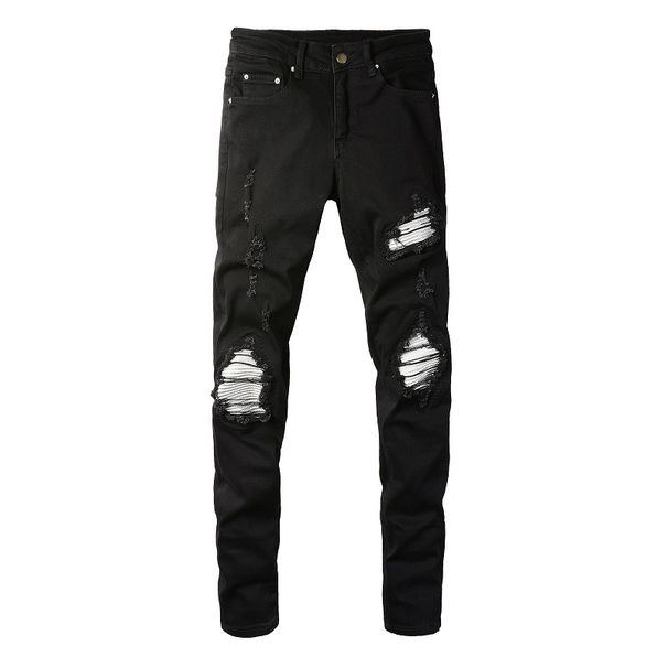 Men's Slim Fit Distressed Jeans - Black Stretch Denim Pants With Patchwork & Embroidery Details, Comfortable Cotton Fabric For Casual Wear_voghion.com