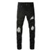 Men's Slim Fit Distressed Jeans - Black Stretch Denim Pants With Patchwork & Embroidery Details, Comfortable Cotton Fabric For Casual Wear_voghion.com
