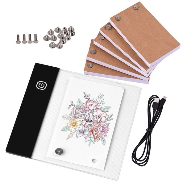 Zestaw 300 arkuszy do tworzenia książek typu flip book, mini podkładka świetlna, podświetlana tablica LED, konstrukcja tabletu z otworem, papier do książek typu flip book, śruby do łączenia, do rysowania_voghion.com