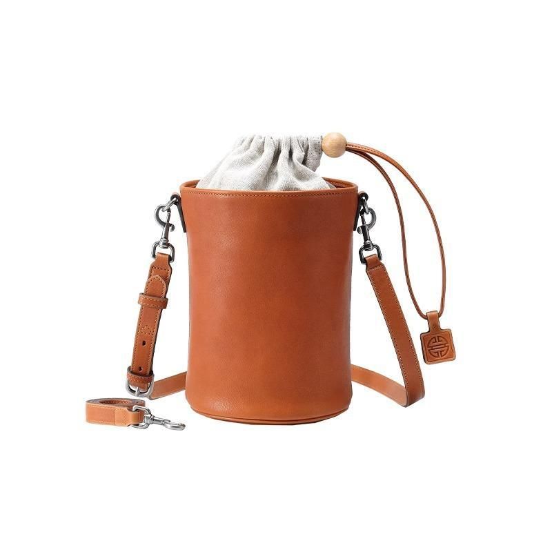 Qiu Zhen Damen-Eimer mit Kordelzug aus echtem Leder, neue Oberschicht aus Rindsleder, elefantengrauer Zylinder, einzelne Schulter_voghion.com