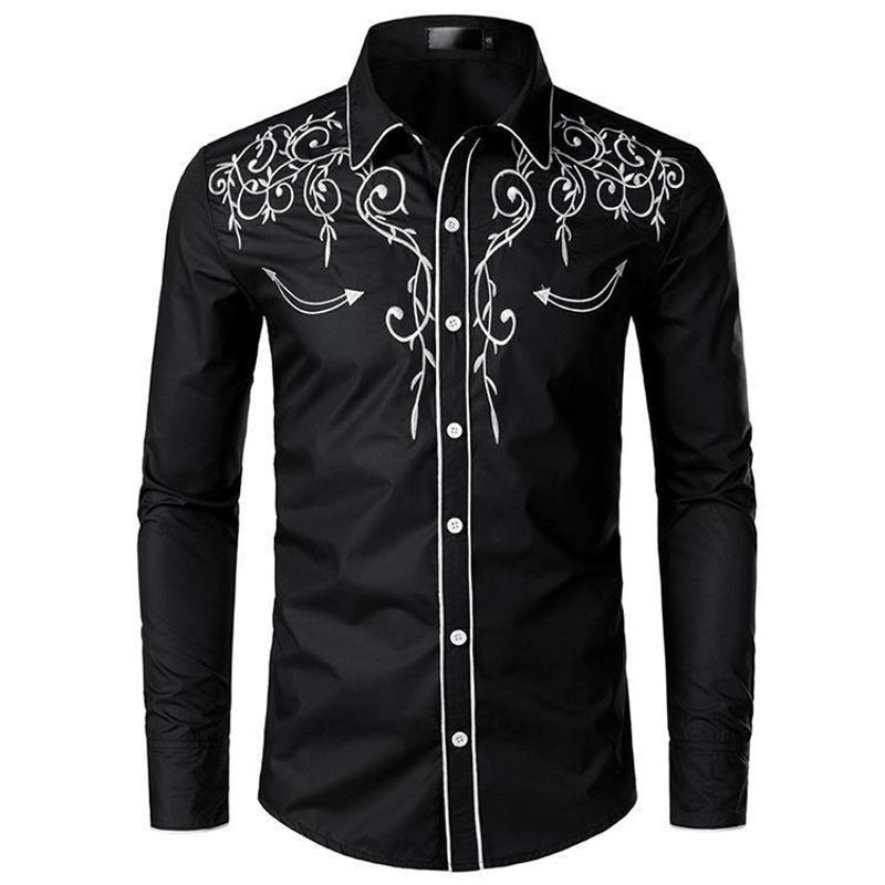Herrenbekleidung Mode Besticktes Hemd Langarm Western Cowboy Besticktes Hemd_voghion.com