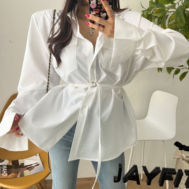 Korean chic 2024 spring/summer new style Frch elegant double pocket tie waist slimming lazy long sleeved shirt for_voghion.com