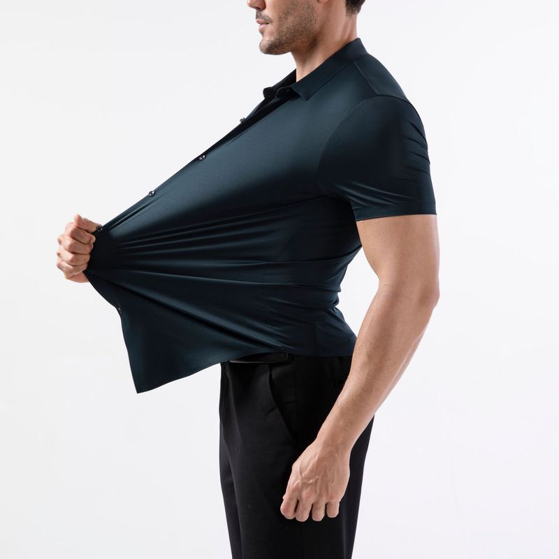 Roupas masculinas Camisa elástica alta de quatro lados Camisa masculina de manga curta que não passa a ferro Camisa masculina antirrugas Roupas masculinas_voghion.com
