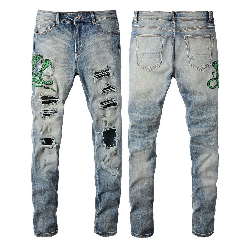 Men's Clothing high street fashion brand embroidered cobra ripped patch jeans stretch slim high street jeans_voghion.com