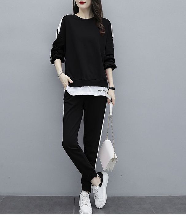 Women's Clothing Two-Piece Sweatshirt Set With Side Slit Pants - Korean Fashion Casual Outfit (Black, Pink, Blue) - Plus Size Available (M-4XL)_voghion.com