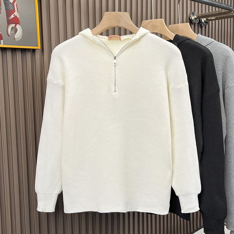 Half zip hooded sweater for men, autumn and winter new styles, trendy brand loose knit sweater, retro casual jacket_voghion.com