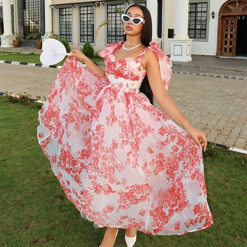 Sommerkleid in A-Linie mit Blumenmuster und hoher Taille für Damen – ärmelloses Sommerkleid mit V-Ausschnitt und verstellbaren Trägern_voghion.com