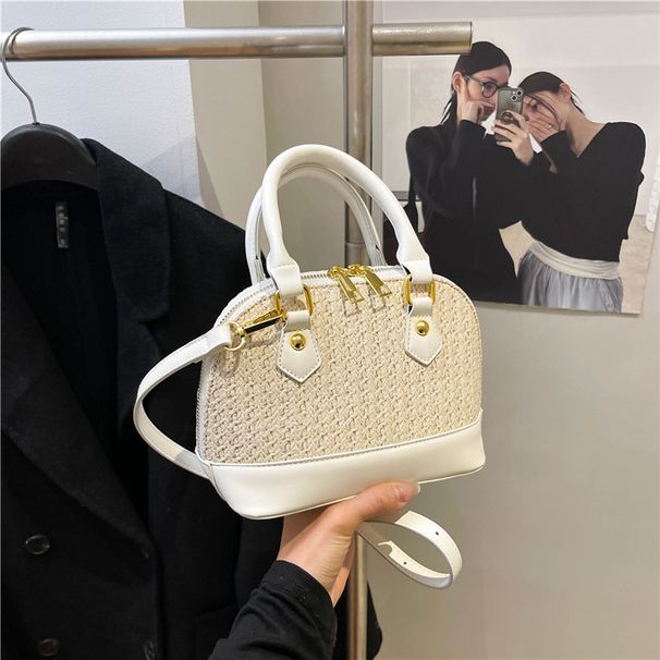 2025 New Straw Woven Shell Fashion Single Shoulder Crossbody Handheld Women's Korean Style Simple Texture Color-Block_voghion.com