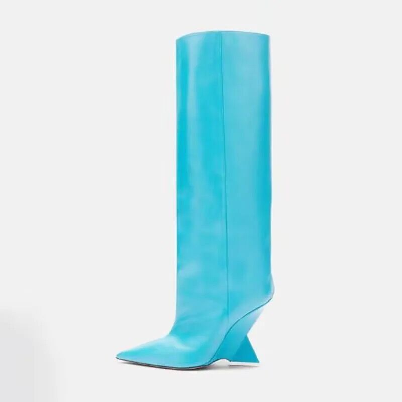 2023 New Fashion Show Pointed Toe Wedge Irregular Heel Knee-High Boots Plus Size Women's Shoes_voghion.com