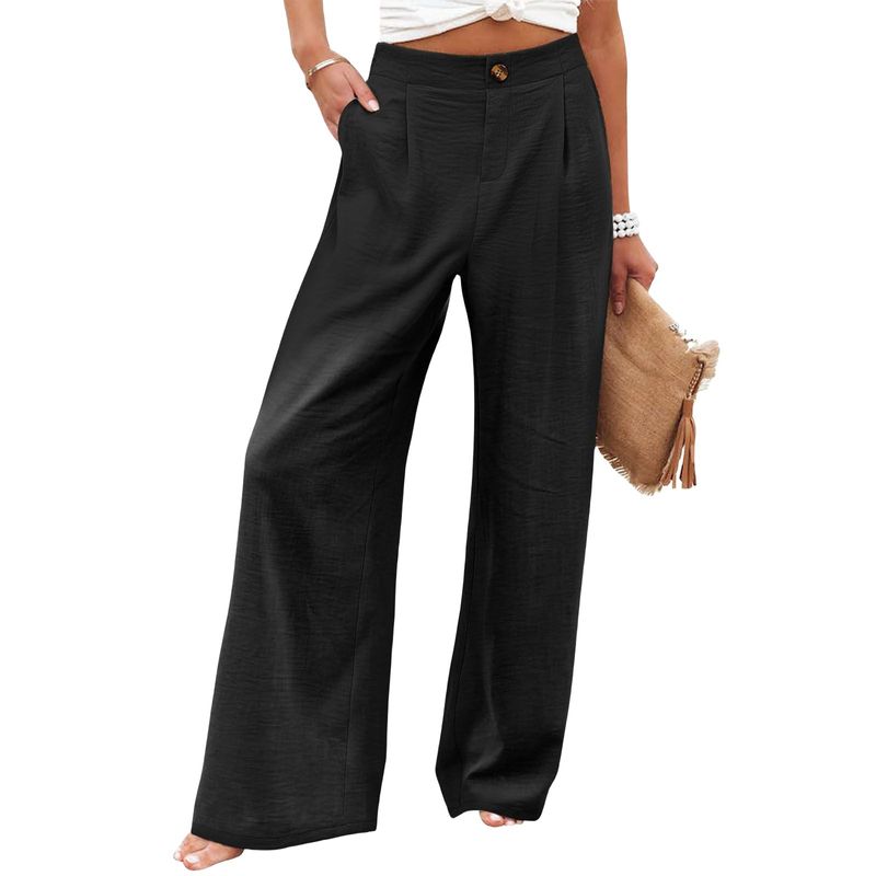 Pantaloni de vară confortabili pentru femei, talie înaltă, cu nasturi, talie elastică, pantaloni largi, pantaloni drepți casual pentru femei_voghion.com