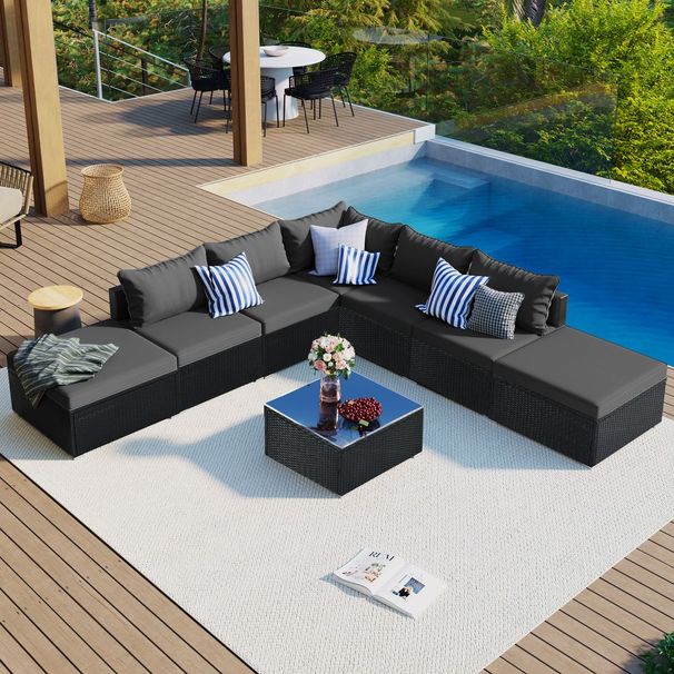 8-Pieces Outdoor Patio Furniture Sets; Garden Conversation Wicker Sofa Set; Single Sofa Combinable_voghion.com
