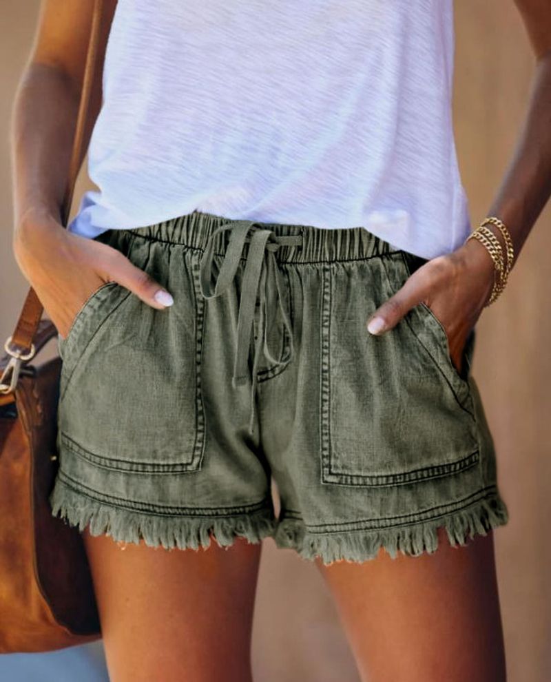 Short en jean taille haute pour femme, taille élastique, cordon de serrage, décontracté, amincissant_voghion.com
