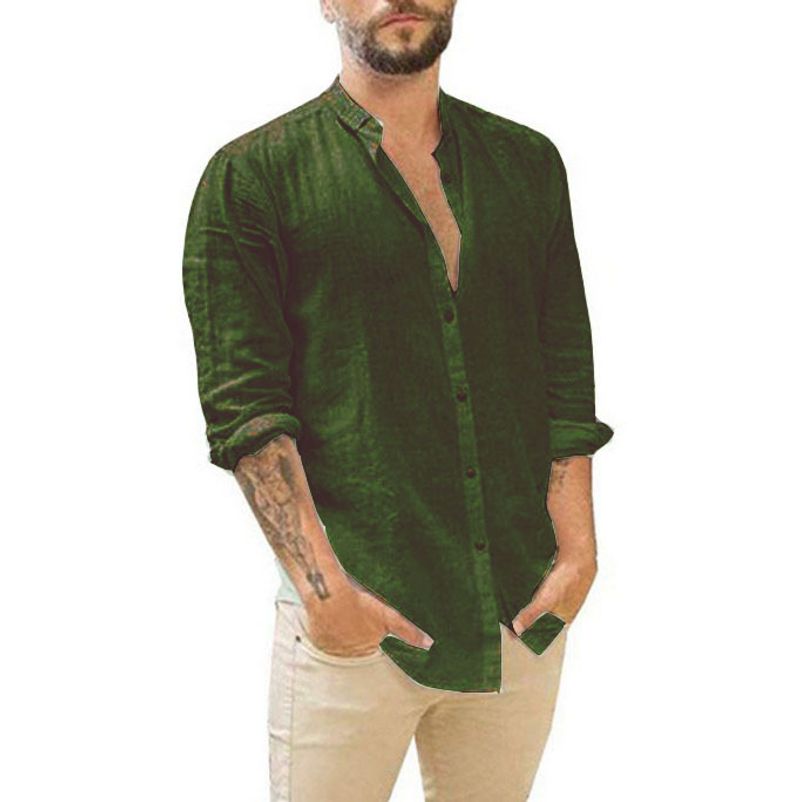 Herrenbekleidung Leinen Strickjacke Einfarbig Lässig Stehkragen Langarmhemd_voghion.com