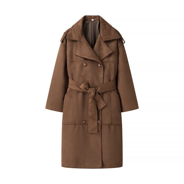 Modischer Trenchcoat aus Wildlederimitat für Damen mit Gürtel, Reverskragen, langen Ärmeln – Winter-Streetwear, lockere Passform, zweireihig, einfarbig_voghion.com