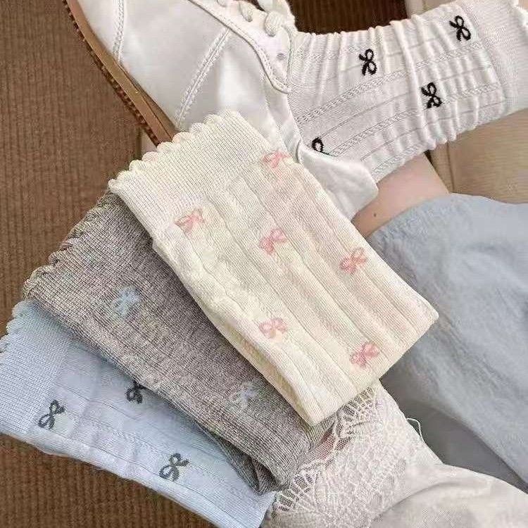 Spring And Summer Ruffled Sweet Soft Socks, The Flavor Of First Love, Thin Bow Seamless Mid-calf Women's Socks_voghion.com