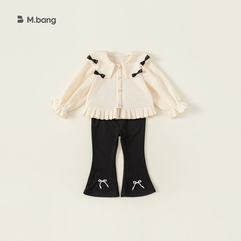 Spring And Autumn Girl Suit Small Fragrance Bow Lapel Coat Bell Bottoms Two-piece Set_voghion.com