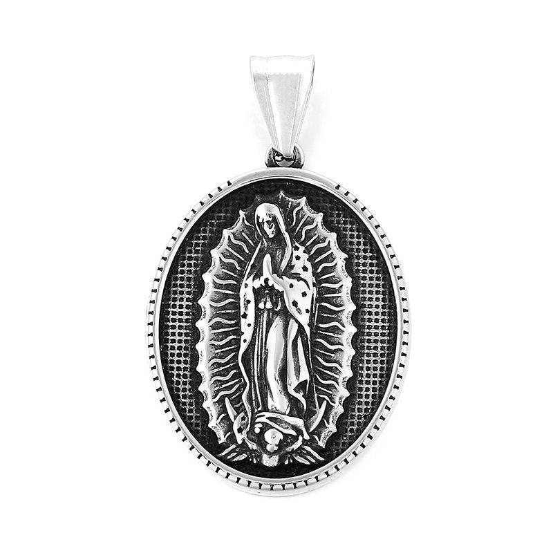 Ciondolo da uomo in acciaio inossidabile in stile punk - Medaglione con ritratto di Maria in stile gotico per collana, design geometrico unico, acciaio al titanio resistente_voghion.com