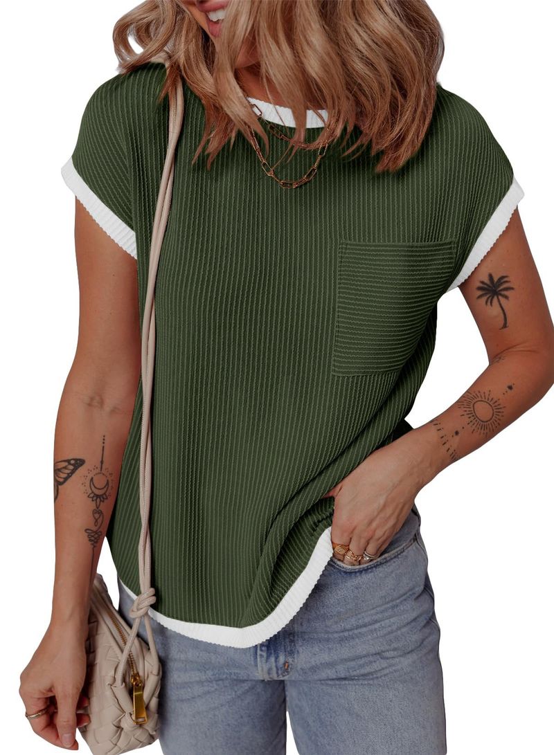 Maglietta estiva da donna, girocollo, lavorata a maglia con colori a contrasto, casual, a righe intrecciate_voghion.com