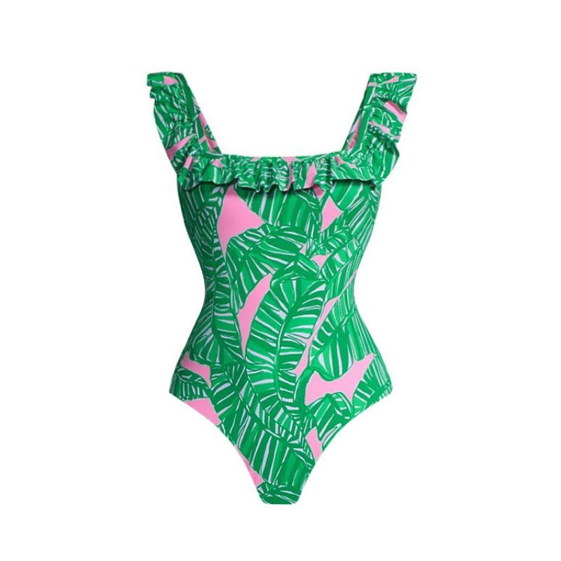 Floral One-piece With Lotus Leaf Edge Print, Conservative And Flesh Blocking Set Swimsuit_voghion.com