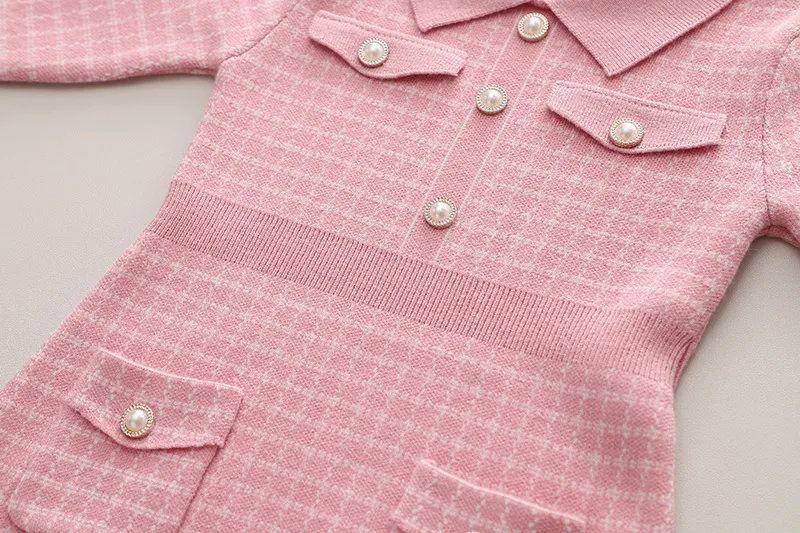 Robe pull tricotée à petits carreaux pour enfants, nouvelle collection automne/hiver, vent parfumé, poche à carreaux, trésor pour femmes_voghion.com