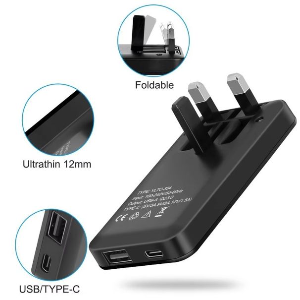Chargeur rapide ultra-fin USB-C PD et USB QC 3.0 20 W, adaptateur de voyage pliable avec prise britannique_voghion.com