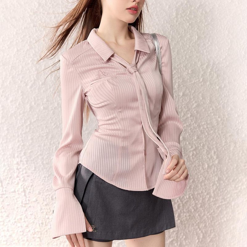 Damenbekleidung, Desire, gestreiftes Hemd für Damen, neues Frühlingsdesign, lässiges Oberteil im Langarm-Pink-Französisch_voghion.com