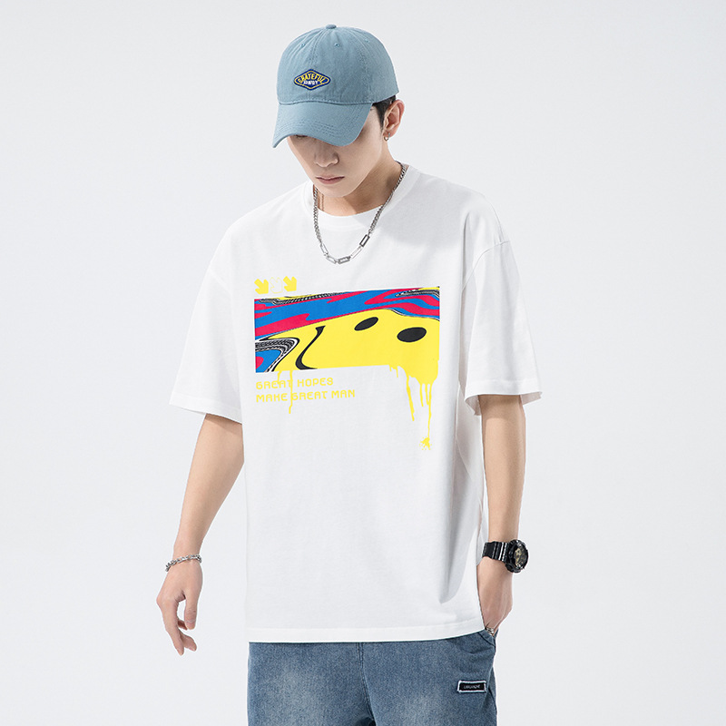 Sommer trendiges kurzärmeliges T-Shirt für Herren in koreanischer Version mit Instagram-Lächeln und Heißprägung aus reiner Baumwolle, halbärmeliges Rundhals-Basishemd_voghion.com