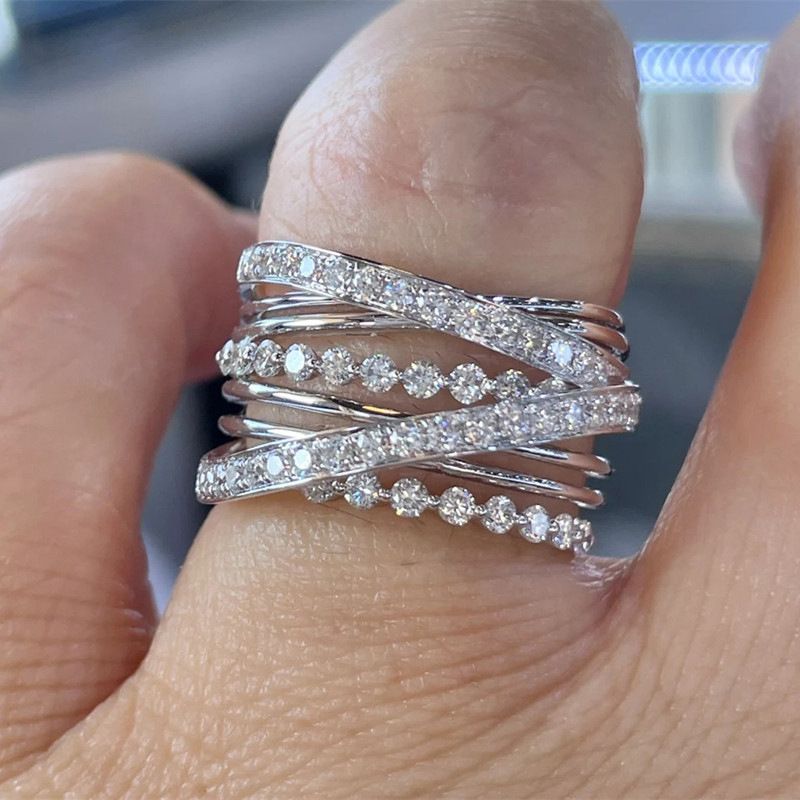 Cao Shi's New Super Sparkling With Multi Layered Surrounding Creative Cross Line For Women's Ring_voghion.com