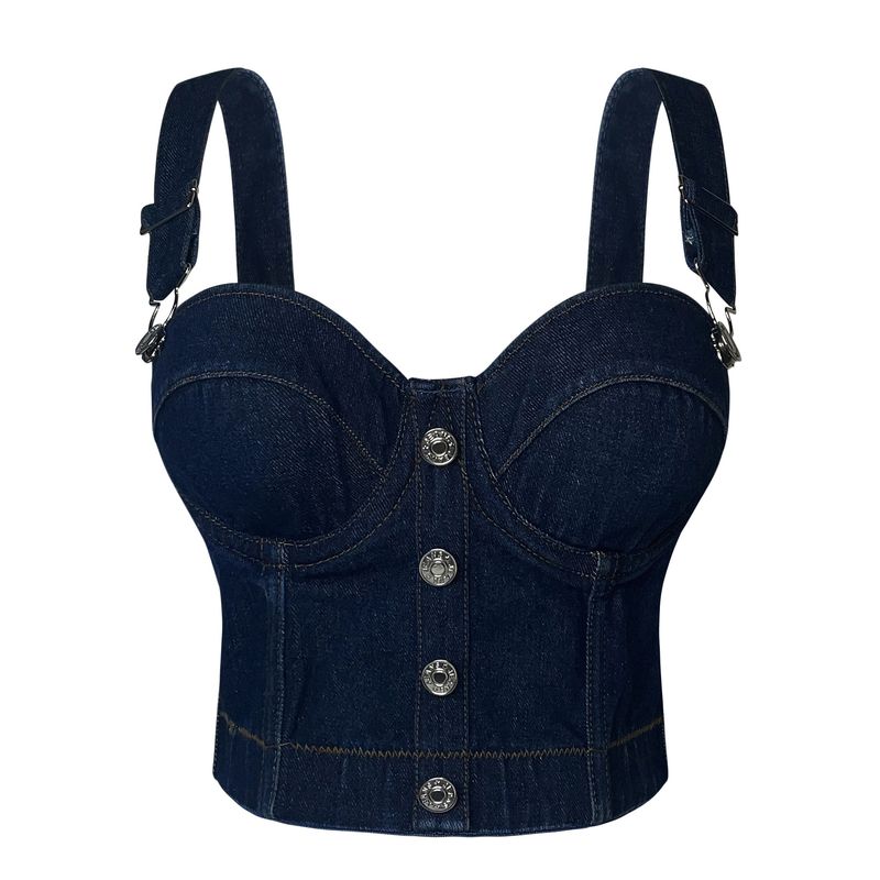 Damenbekleidung Vielseitiges Träger-Knopf-Schlankes Denim-Tube-Top-Camisole im neuen Stil_voghion.com