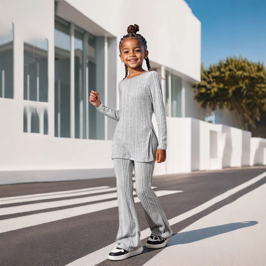 Matka a děti INS dívčí letní oblek módní pletený top s dlouhým rukávem, rozšířené kalhoty, ležérní módní dvoudílný oblek_voghion.com