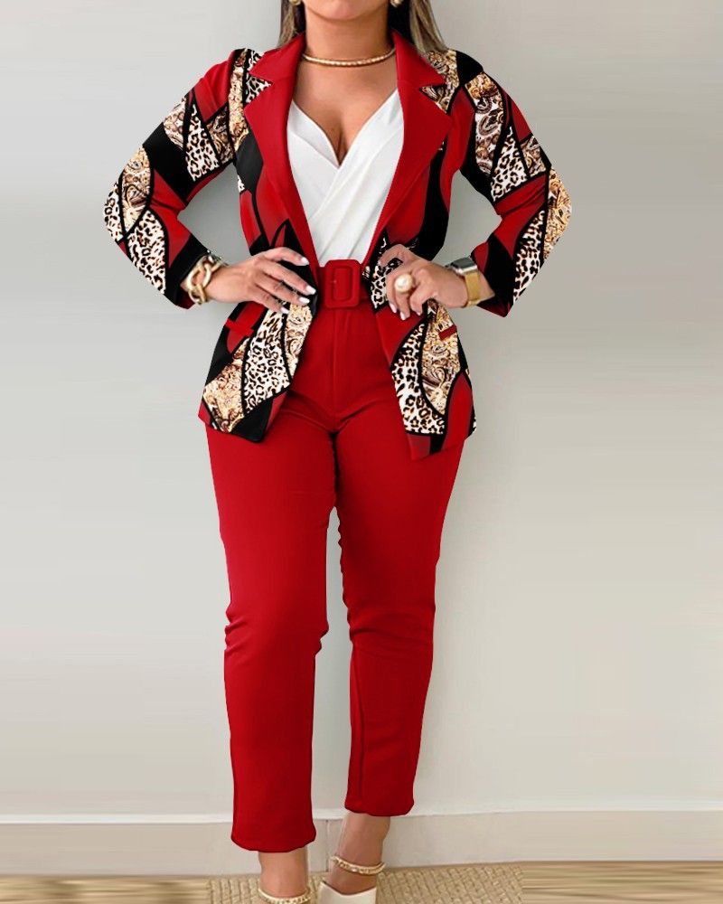 Ropa de mujer Otoño e Invierno Nuevo Traje Estampado de Dos Piezas con Cinturón Traje Largo para Mujer_voghion.com