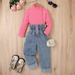 Abbigliamento per bambini e bambine, tinta unita, a maniche lunghe, con collo alto, pantaloni in denim arricciati, set da due pezzi_voghion.com