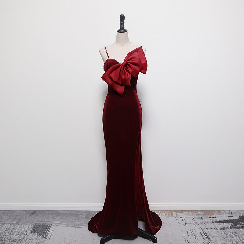Burgunderrotes Samt-Abendkleid – trägerloses Prinzessinnen-Ballkleid mit Schleife für Bankette und Empfänge (XS-XXL)_voghion.com