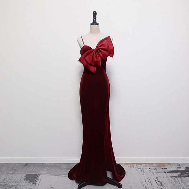 Burgunderrotes Samt-Abendkleid – trägerloses Prinzessinnen-Ballkleid mit Schleife für Bankette und Empfänge (XS-XXL)_voghion.com