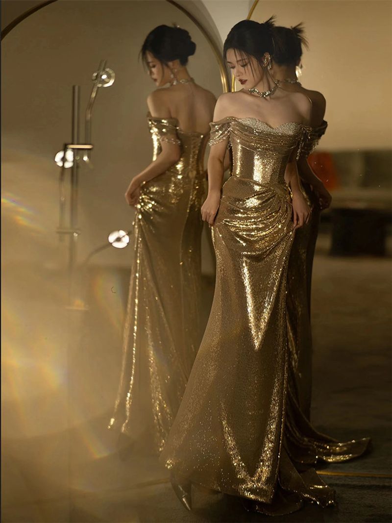 Damenbekleidung Goldenes Abendkleid für Frauen Hochwertiges Pailletten-Host-One-Shoulder-Tube-Top Toastkleid Braut Fischschwanzrock_voghion.com