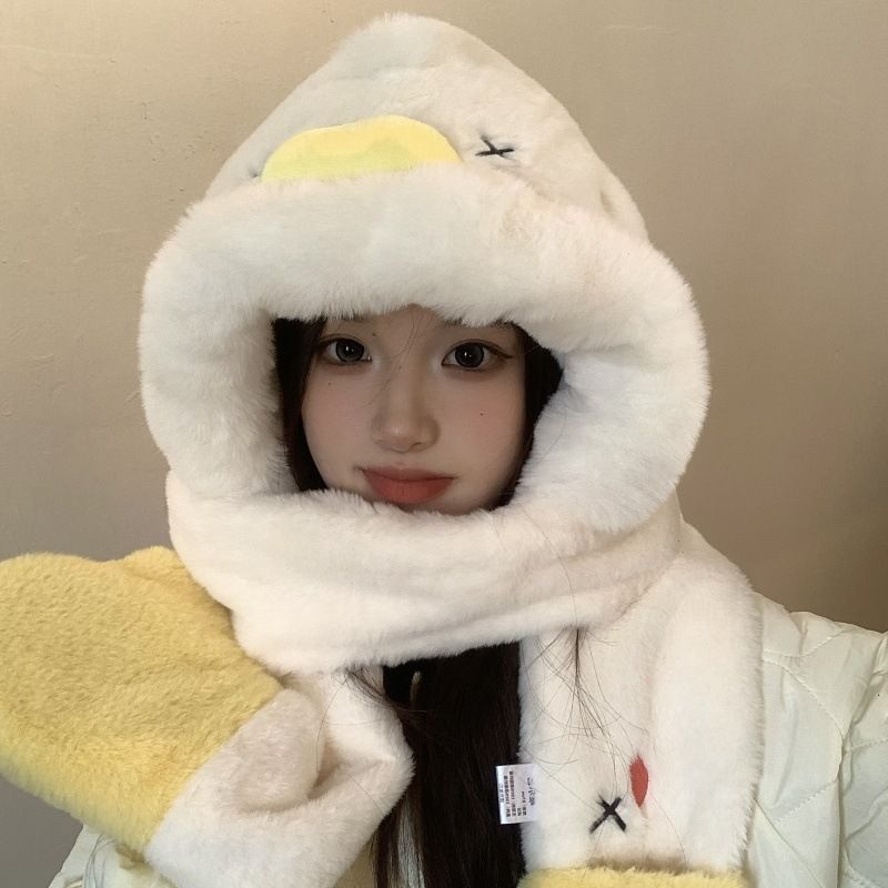 Set da tre pezzi di anatra gialla, simpatico peluche, autunno e inverno, cartone animato giapponese, caldo, paraorecchie, cappello, sciarpa e guanti da donna_voghion.com