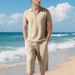 Polo da uomo estivo, casual, ampio, traspirante, in lino, con maniche corte e pantaloni a sette quarti_voghion.com