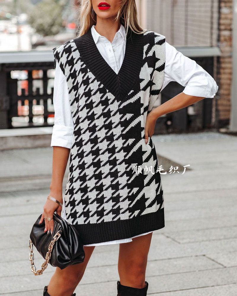 Vêtements pour femmes, ample, col en v, pied-de-poule, pull tricoté sans manches, gilet pour femmes_voghion.com
