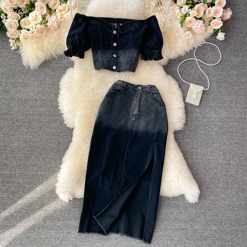 Damenbekleidung Jeansrock Mittellang Hohe Taille Geteilter A-Linien-Maxirock Hüftrock Zweiteiliger Anzug Hohe Taille Cropped Top_voghion.com