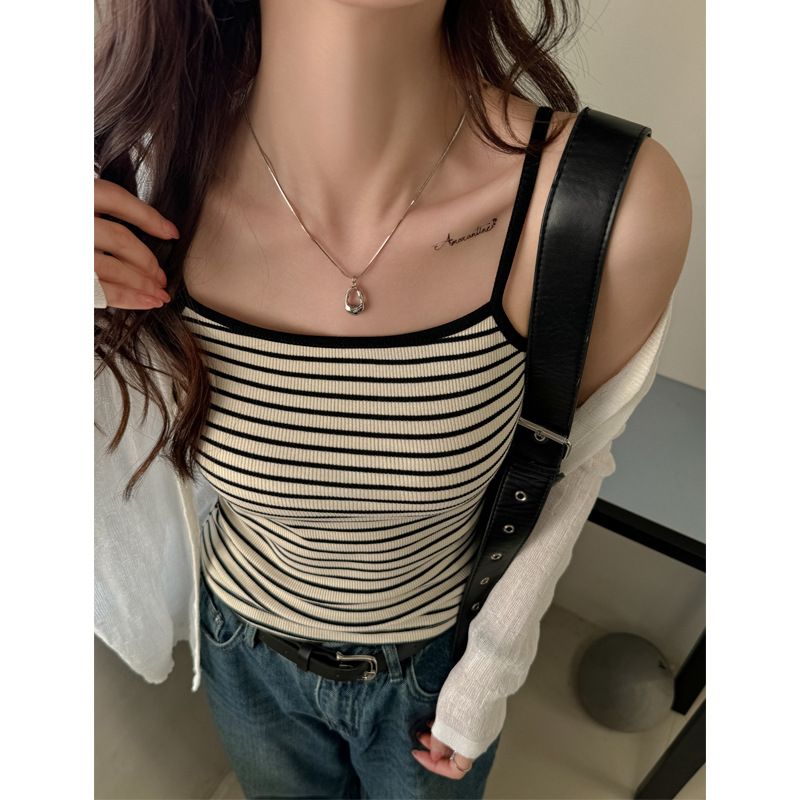 Women's Clothing Pure Cotton Contrast Color Knitted Striped Bottom Small Camisole Vest For Women With High Elastic Design And Sexy Tops_voghion.com
