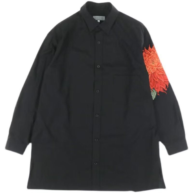 Men's Clothing red dahlia shirt embroidered flowers yohji dark unisex loose long sleeved shirt_voghion.com