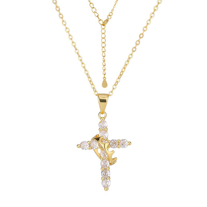 Collana con ciondolo a forma di croce con corona in argento sterling S925, personalità, cerchio rotante, catena per clavicola_voghion.com